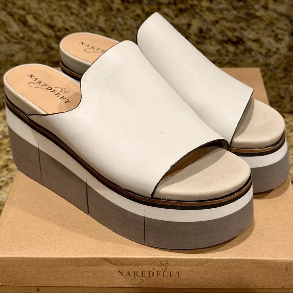 Naked Feet Women's Cream and Gray Platform Slides - Picture 1 of 9